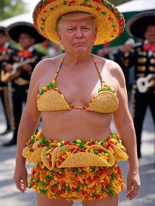 An AI-generated image by Grok showing a man with blonde hair wearing a sombrero, a taco shell bikini top, and a skirt made of tacos, with mariachi musicians blurred in the background.