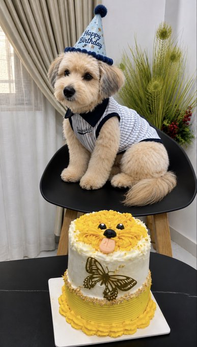 A fluffy tan dog wearing a "Happy Birthday" party hat and striped shirt sits in a chair above a yellow and white cake decorated with a puppy face and butterfly design, celebrating Stark's 1st birthday.