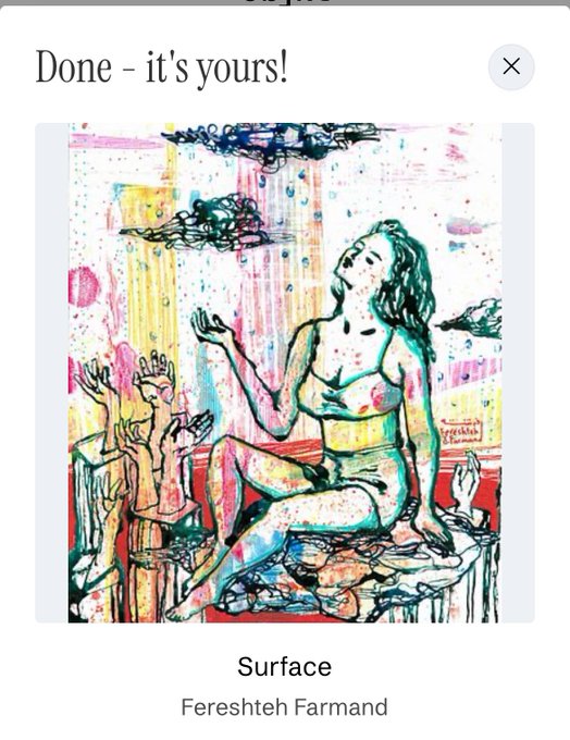 A digital art display titled 'Surface' by Fereshteh Farmand, showing a colorful, expressive painting of a seated nude figure with raised hands and abstract background elements.