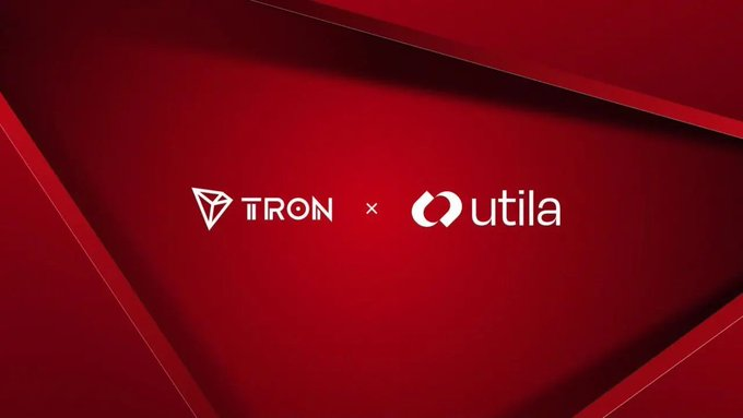 The image features the TRON and utila logos side by side with a "×" between them against a sleek red geometric background, symbolizing a partnership announcement—likely related to TRON's BTFS decentralized storage system launching AI-focused data training solutions in collaboration with utila.