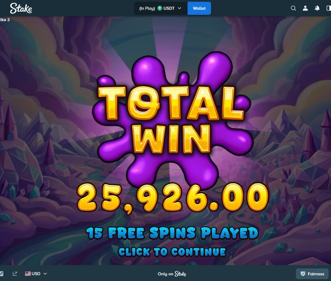The image shows a Stake casino slot machine win screen displaying a "TOTAL WIN" of 25,926.00 USDT after 15 free spins played, which relates to the celebratory post about achieving a significant win at Stake.