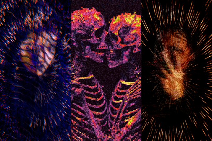 A triptych of stylized, colorful digital art panels depicting abstract skull and ribcage imagery with cosmic, explosion-like backgrounds.