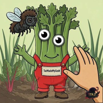 An anthropomorphic cartoon celery stalk with a bee on its shoulder waves at a human hand in a garden, wearing red overalls labeled "TooMuchMyGosh".