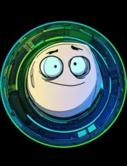 A simple cartoon drawing of a smiling, nervous-looking face enclosed within a glowing, futuristic blue and green circular metallic frame against a black background.