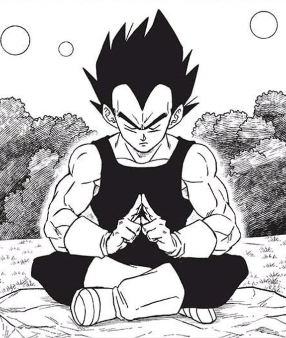 A black and white manga-style illustration of the character Vegeta from Dragon Ball Z sitting cross-legged in a meditative pose with his hands clasped together.