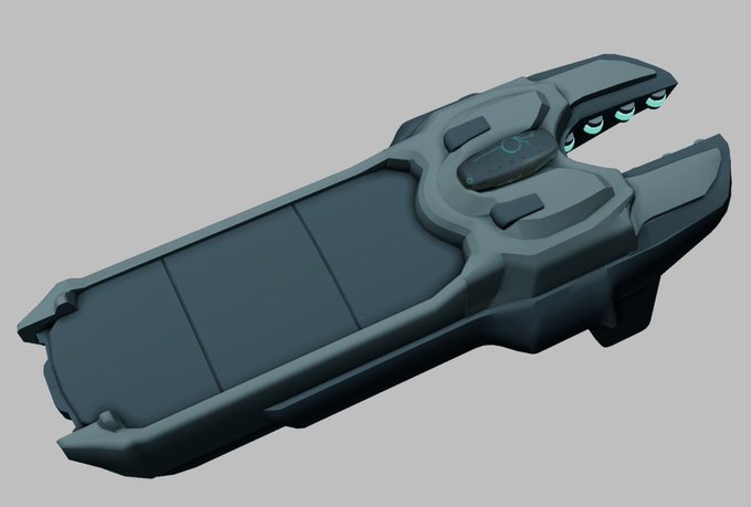 A 3D model of a sleek, futuristic dark gray hoverbike or sci-fi vehicle with glowing teal accents, displayed against a plain background.