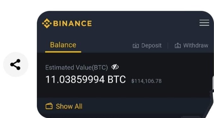 A Binance cryptocurrency account dashboard showing an Estimated Value of 11.03859994 BTC, equivalent to $114,106.78, with Balance, Deposit, and Withdraw options visible.
