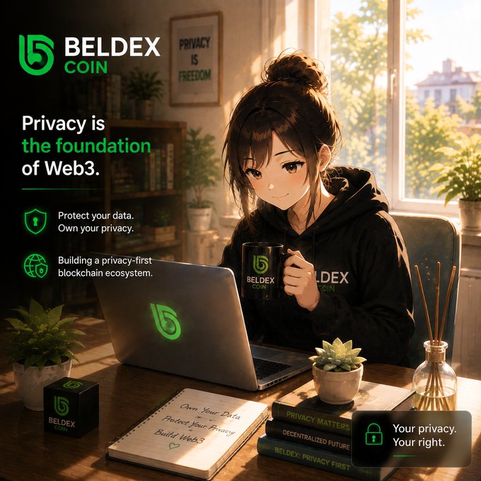 An anime-style illustration of a woman using a laptop displaying the 'BELDEX COIN' logo, with text stating 'Privacy is the foundation of Web3' and 'Protect your data. Own your privacy.'