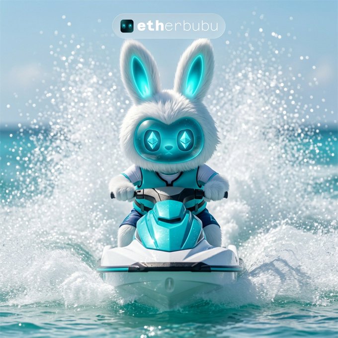 A 3D-rendered NFT-style image of a fluffy white bunny in blue and white gear riding a jet ski on ocean waves, with the 'etherbubu' logo at the top.