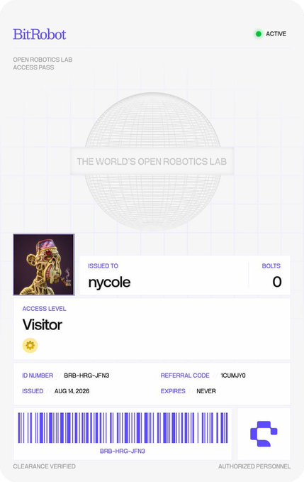 A BitRobot 'Open Robotics Lab Access Pass' issued to 'nycole' with Visitor access level, dated August 14, 2026.