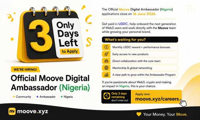 The image features a poster for an application called "The Official Moove Digital Ambassador" in Nigeria. The poster includes a yellow sign that says "3 Days Left To Apply", indicating that there are only three days left before the application closes. The poster also highlights the benefits of joining, such as getting paid in USDC and working with the Moove team to grow one's personal brand.