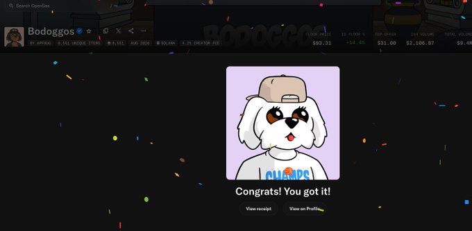A confirmation modal on OpenSea displays "Congrats! You got it!" after successfully purchasing a Bodoggos NFT, with the collection header showing "Bodoggos" priced at $93.31 floor with a +14.4% change and total volume of $2,106.87, matching the user's tweet about buying from OpenSea.