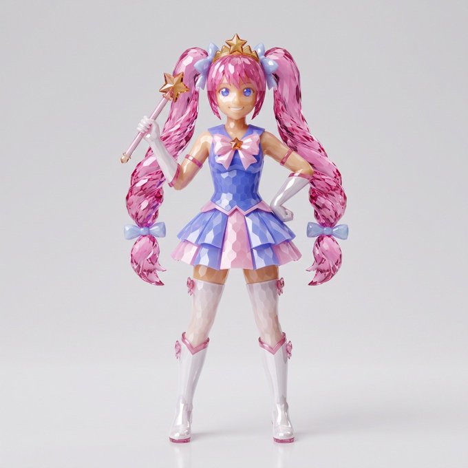 A figure of a pink-haired anime character wearing a magical girl outfit with twin drills, holding a star-topped wand.