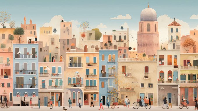 A whimsical, colorful illustration of a densely packed Mediterranean-style town with pastel-colored buildings, people walking and cycling, and figures on rooftops under a blue sky with fluffy clouds.
