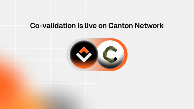 The image displays an announcement reading "Co-validation is live on Canton Network," featuring the logos of two cryptocurrency exchanges. The graphic's bold text and prominent branding visually reinforce the post's message about the launch of Co-Validation functionality on the Canton Network.