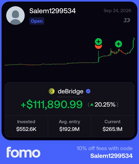 A trading app screenshot from 'fomo' showing user Salem1299534 with a deBridge position showing a gain of +$111,890.99 (20.25%) with invested amount of $552.6K.