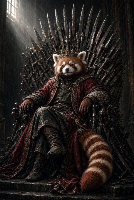 Fantasy artwork depicting a red panda wearing a golden crown and red robes, seated on an elaborate throne made of swords reminiscent of the Iron Throne from Game of Thrones.