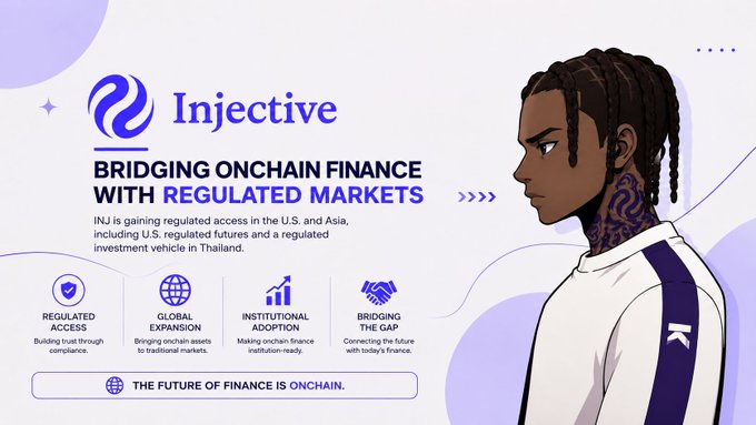 A promotional graphic for **Injective** featuring a stylized illustration of a man in a white and purple tracksuit, alongside the headline "Bridging Onchain Finance with Regulated Markets." The image highlights INJ's regulated access in the U.S. and Asia and its role as an investment vehicle in Thailand, visually reinforcing the post's theme that crypto adoption happens through gradual steps—starting with utility, building infrastructure, and integrating with institutional and regulatory frameworks.
