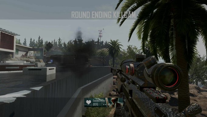 A first-person shooter video game screenshot showing a sniper rifle scope aimed across a tropical rooftop, with text reading 'ROUND ENDING KILLCAM' at the top and a player tag 'LucaZimbv (BZR)' in the bottom corner.
