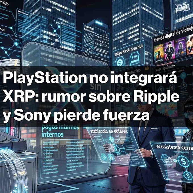 The image shows a man wearing a suit standing next to a city skyline, with a poster about XRP integration into PlayStation hanging nearby. The text on the poster suggests that there are rumors about integrating XRP into PlayStation, but these rumors have lost steam as Sony has not made any announcements regarding an alliance or partnership between the two platforms. Instead, Sony's focus is on its own closed blockchain payment system for use within its internal economy.