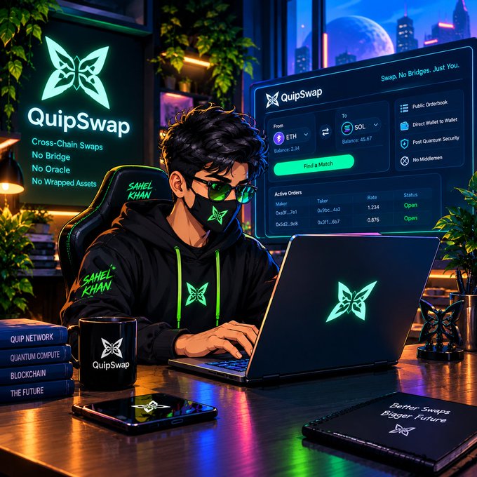 A masked user wearing a QuipSwap-branded hoodie and glasses works on a QuipSwap laptop at a neon-lit desk, with a large screen behind them displaying the QuipSwap interface for swapping ETH (Balance: 2.34) to SOL (Balance: 49.67), alongside active order details (Maker 0x37...7e1, Taker 0x80c...4a2, Rate 1.234, Status Open), a "Find a Match" button, and features like "Public Orderbook," "Direct Wallet to Wallet," "Post Quantum Security," and "No Middleman," with a promotional banner reading "Cross-Chain Swaps No Bridge No Oracle No Wrapped Assets" and "Swap. No Bridges. Just You," directly illustrating the post's theme of listing a cross-chain QuipSwap trade during QuipNetwork's Season 4.