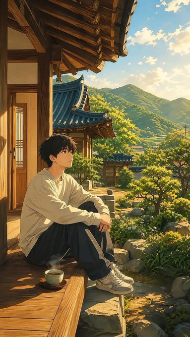 An anime-style illustration of a young man with dark hair sitting on a wooden porch, looking out over a serene landscape with traditional Korean architecture, lush greenery, and distant mountains. He wears a light sweater, dark pants, and white sneakers, with a small cup of tea beside him on the porch.