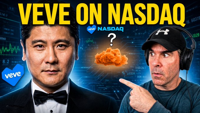 A YouTube thumbnail titled 'VEVE ON NASDAQ' featuring a man in a tuxedo, another man in a cap pointing at an explosion graphic, and the VeVe and Nasdaq logos.