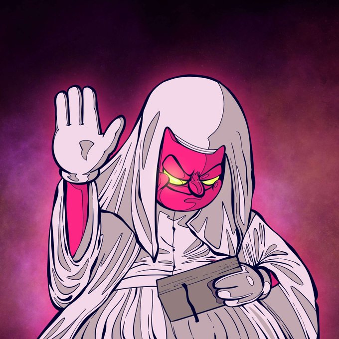 A stylized cartoon illustration of a menacing white-haired figure with a red face and glowing yellow eyes, holding up one hand while clutching a gray object in the other against a dark red background.