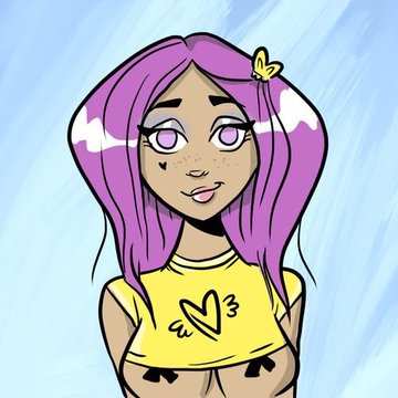An anime-style illustration of a girl with purple and white hair wearing a yellow crop top, with a small heart symbol on her cheek.