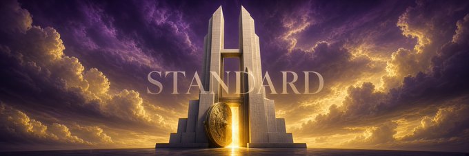 A dramatic digital artwork of a glowing, monumental 'H'-shaped structure resembling an obelisk, with a golden coin at its base and the word 'STANDARD' superimposed against a sunset sky with purple and yellow clouds.