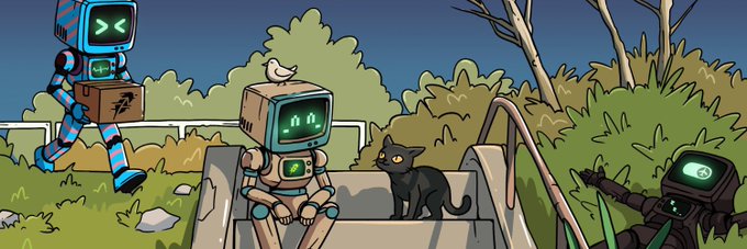 A whimsical illustration depicts cartoonish CRT-headed robots in a park-like setting, with one carrying a box marked "R," a small bird perched on another's head, and a black cat sitting beside them. The retro robots visually embody the "Old hardware" theme mentioned in the post about the "98's Machines" NFT project on Robinhood Chain.