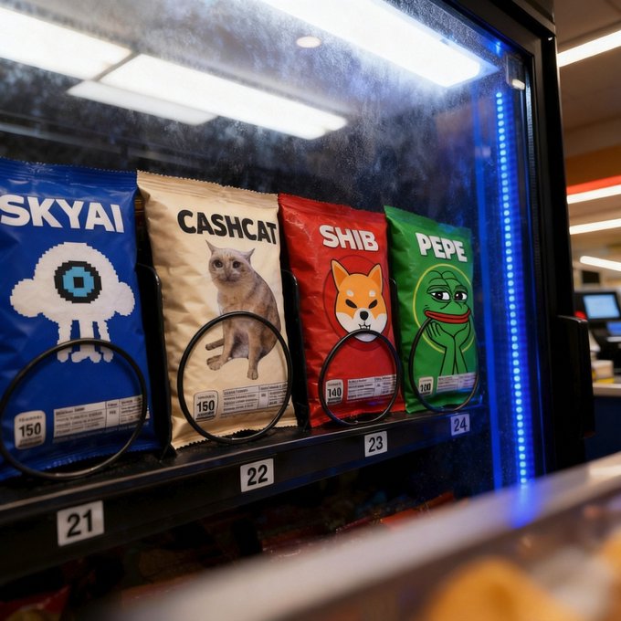 A vending machine is stocked with cryptocurrency-themed "snacks," featuring bags labeled SKYAI (blue skull), CASHCAT (cat), SHIB (Shiba Inu), and PEPE (frog meme) in slots 21–24, playfully framed as collectible coins to choose from.