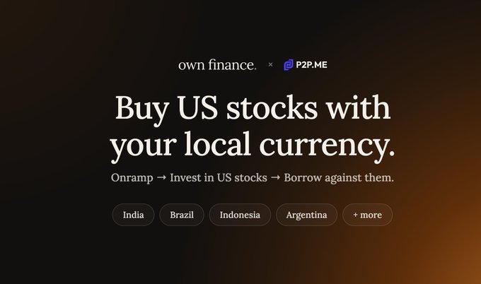 An advertisement for P2P.ME reading 'Buy US stocks with your local currency' with the tagline 'Onramp → Invest in US stocks → Borrow against them' and options for India, Brazil, Indonesia, Argentina, and more.