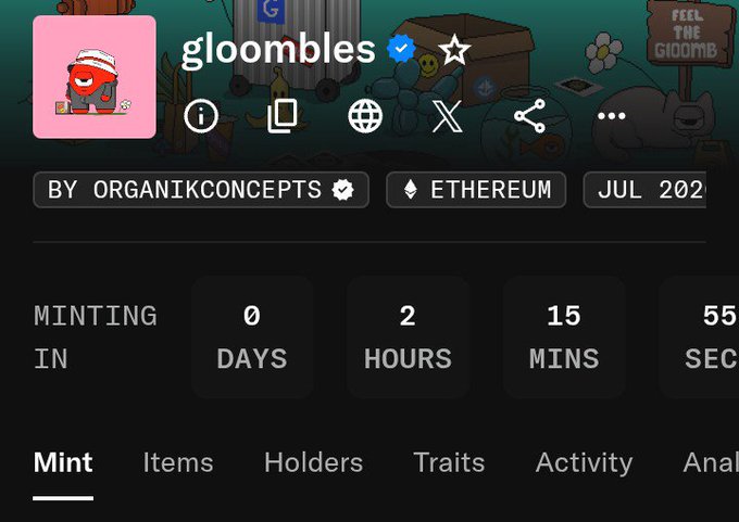 The image shows the NFT collection page for "gloombles" by ORGANIKCONCEPTS on Ethereum, with a mint countdown displaying 0 days, 2 hours, 15 minutes, and 55 seconds remaining—directly supporting the post's anticipation of the upcoming mint in a few hours for the 4224-NFT collection.