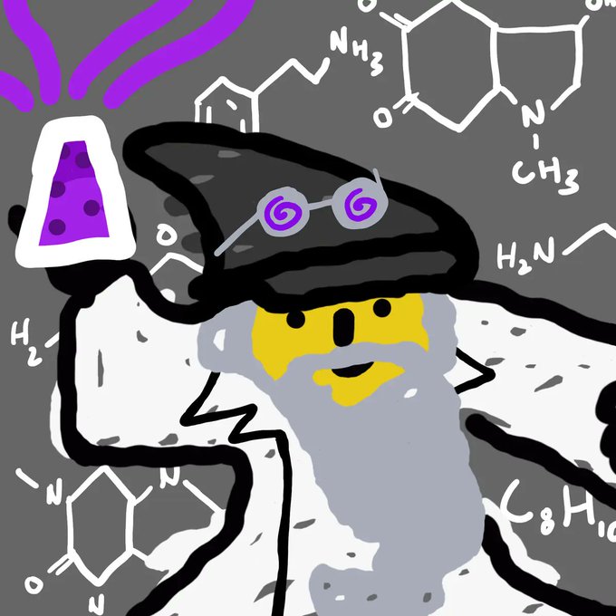 A digital illustration depicts a cartoonish figure in a large black hat with purple spiral glasses, surrounded by chemical structures and formulas on a gray background.