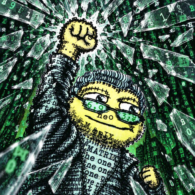 A stylized digital art illustration features a yellow-skinned character with a raised fist breaking through glass, overlaid with code and text including 'Neo', 'MATRIX', and 'the one'.