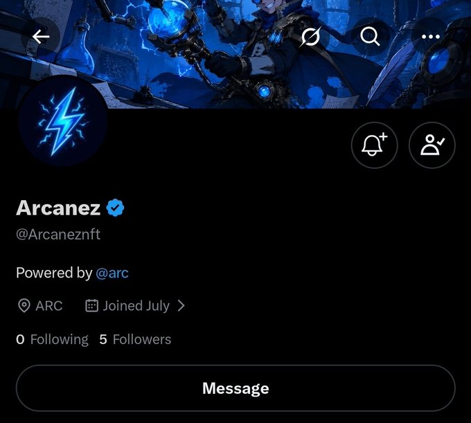 A Twitter/X profile for 'Arcanez' (@Arcaneznft), a verified account with a blue lightning bolt logo, showing 0 Following and 5 Followers.