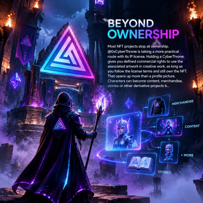 A promotional graphic titled 'BEYOND OWNERSHIP' for the NFT project @0xCyberThrone, highlighting how IP licensing allows holders to use artwork for merchandise, content, and stories.