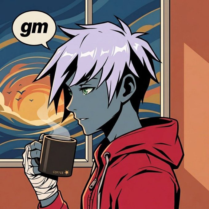 An anime-style illustration of a blue-skinned character with white hair in a red hoodie holding a coffee mug, with a speech bubble saying 'gm' against a sunset background.