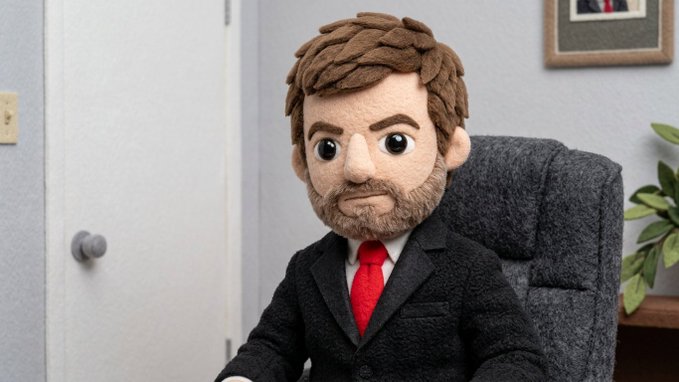 A felt-style character figure of a man with brown hair and a beard wearing a black suit and red tie, sitting in a chair.
