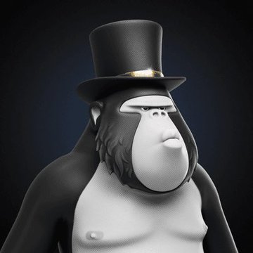 A 3D rendering of a gorilla wearing a black top hat and what appears to be a strap across its face, set against a dark gradient background.