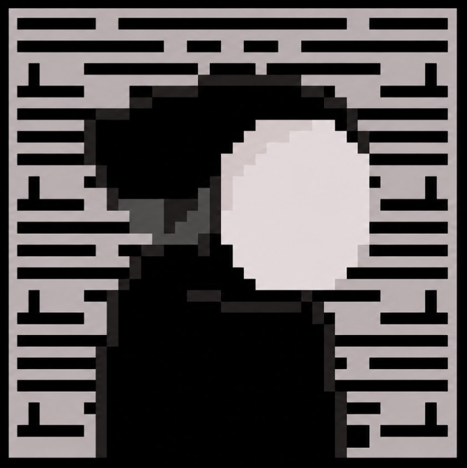 A highly pixelated, low-resolution black and white image showing an unidentifiable figure or object obscured by heavy compression artifacts and horizontal stripes.