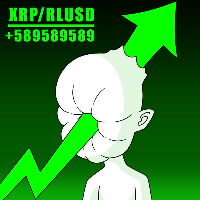 A meme graphic featuring an anime-style character with a green upward arrow behind them, labeled 'XRP/RLUSD +589589589'.