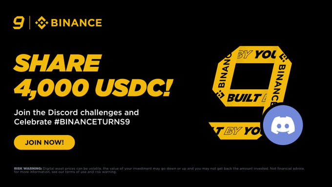 Celebrate #BINANCETURNS9 by joining Discord challenges to share 4,000 USDC, as promoted by Binance and indicated by the Discord icon.