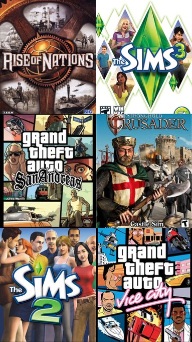 A collage of six classic video game covers, including 'Rise of Nations', 'The Sims 3', 'Grand Theft Auto: San Andreas', 'Stronghold: Crusader', 'The Sims 2', and 'Grand Theft Auto: Vice City'.