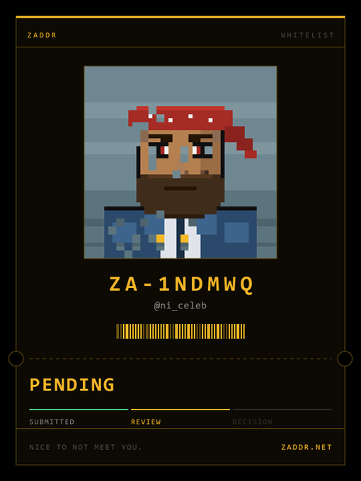 A ZADDR whitelist digital card featuring pixel art of a bearded character in a red bandana, with the code 'ZA-1NDMWQ', username '@ni_celeb', and a 'PENDING' status from ZADDR.NET.