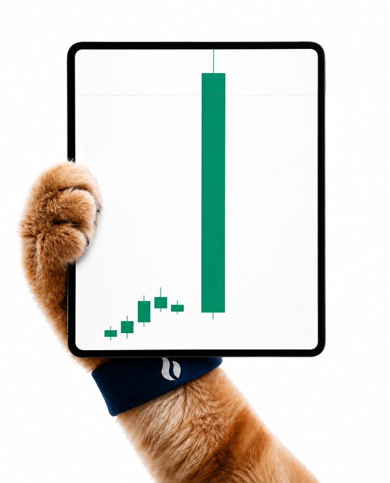 A paw holds a tablet displaying a green candlestick chart showing a small upward trend followed by a massive bullish candle, illustrating the post's caption "Name one crypto that will do this."