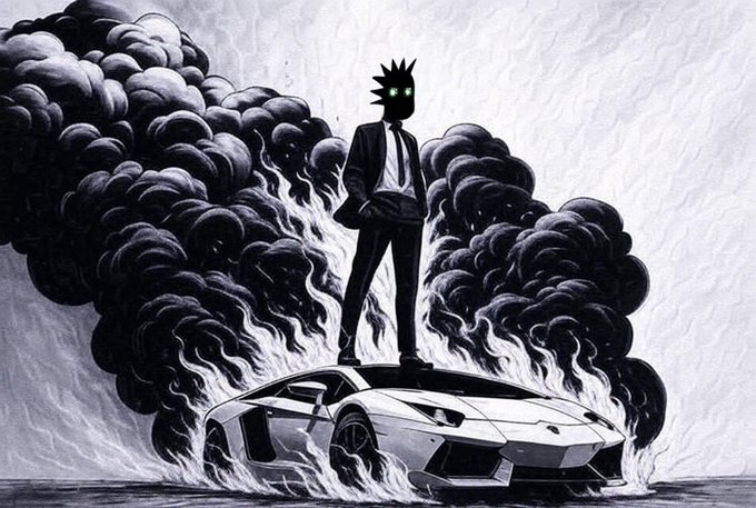 A stylized digital illustration of a shadowy figure with glowing green eyes wearing a suit, standing on top of a white sports car surrounded by billowing black smoke and flames.