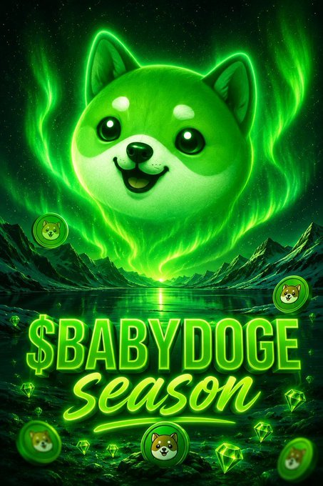 A vibrant green promotional graphic for '$BABYDOGE Season' featuring a glowing Shiba Inu dog head surrounded by green flames, with floating dog icons and gems over a mountain landscape.