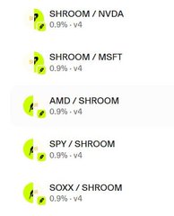 The image shows a list of trading pairs involving $SHROOM, each displayed with a rocket emoji and a 0.9% decrease (-v4), including SHROOM/NVDA, SHROOM/MSFT, AMD/SHROOM, SPY/SHROOM, and SOXX/SHROOM. This visual supports the post's claim by illustrating the "10 different LPs against stocks" feature, showcasing several of SHROOM's stock-related trading pairs as evidence of its similarity to $PACK.